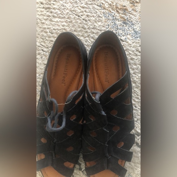 Beautifeel Edyta Black Suede Lace Up Cutout Fisherman Wedge Sandals 40 - Picture 4 of 9